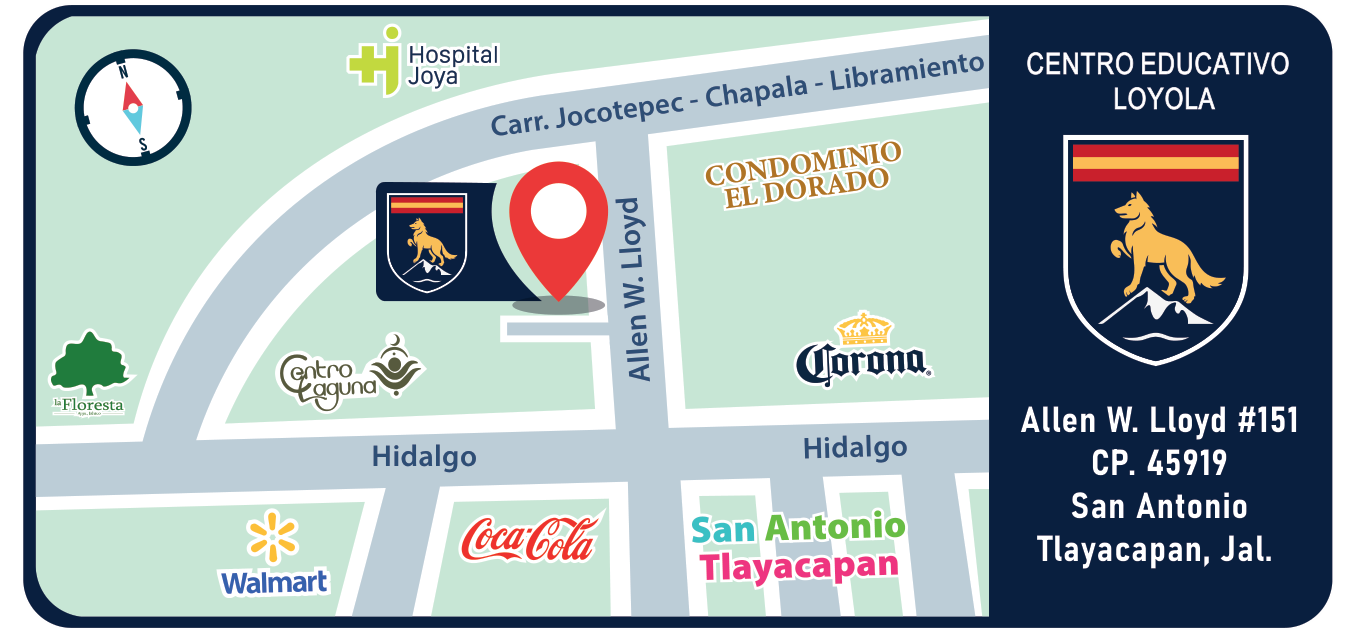 Croquis de ubicación del Centro Educativo Loyola de Chapala: Allen W. Lloyd 151, San Antonio Tlayacapan, a un costado de Centro Laguna